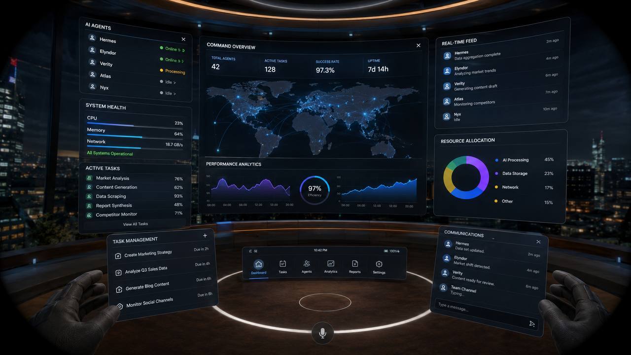 A premium Elyndor Immersive Command Center showing AI agent roster, command overview with global activity map, system health metrics, active task progress, real-time feed, performance analytics, and a resource allocation dashboard.