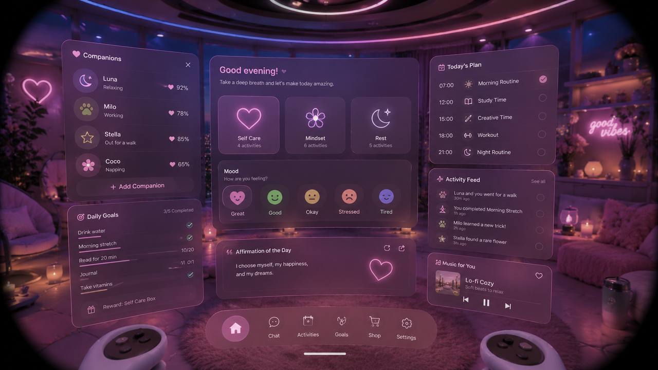 A warm lavender-and-rose Elyndor Companion Sanctuary with floating glass UI showing AI companions, daily goals, mood check-in, today's plan, and activity feed.