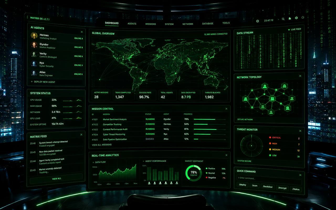 Matrix OS — an Elyndor Cyber Operations Center showing AI agents roster, global node map, system status, mission control queue, real-time analytics, threat monitor radar, and quick-command input.