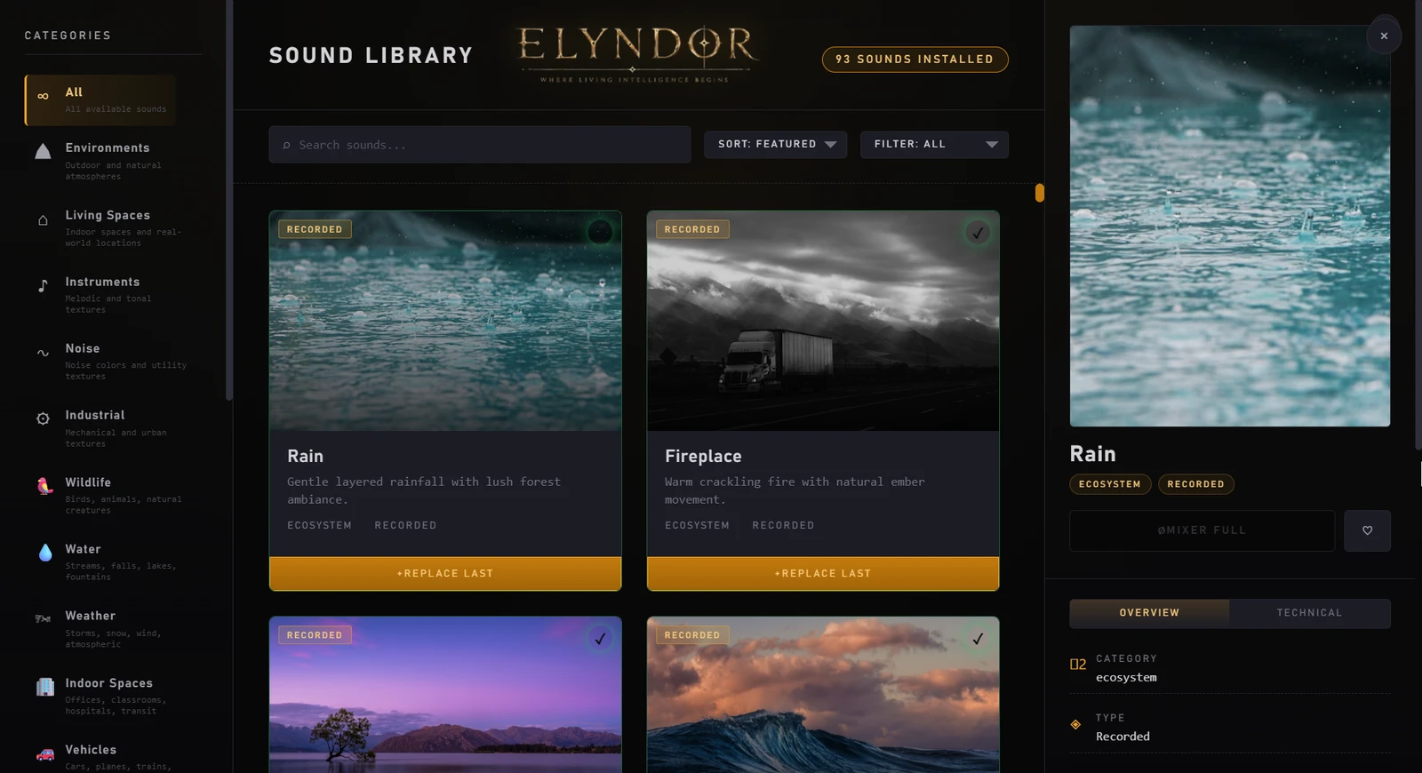 Elyndor Ambient sound library browser with a category sidebar covering environments, living spaces, instruments, wildlife, water, weather, meditation, sleep and binaural, plus searchable sound cards and a detail panel showing category, type, file size and pack.