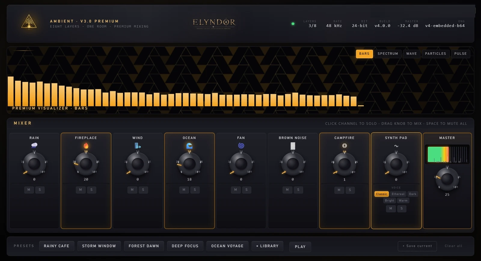 Elyndor Ambient eight-channel mixer on Windows, showing rain, fireplace, wind, ocean, fan, brown noise, campfire and synth pad channels with per-channel mute and solo, a master bus meter, and a 48 kHz 24-bit readout.
