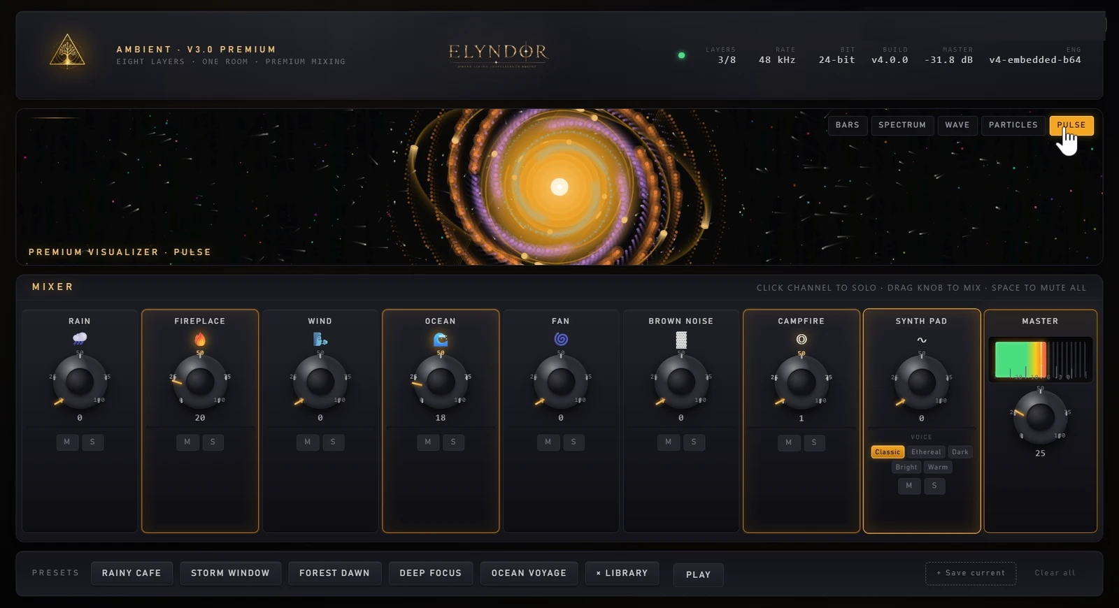 Elyndor Ambient premium visualizer in Pulse mode, rendering concentric amber and violet rings that react to the live audio mix above the eight-channel soundscape mixer.